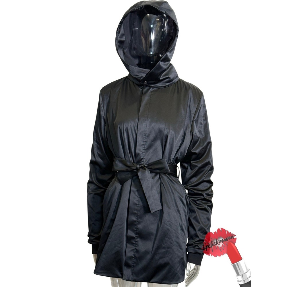 ADAY Jacket Womens Medium Black Satin Mid Length Hooded Belted Preppy Coat